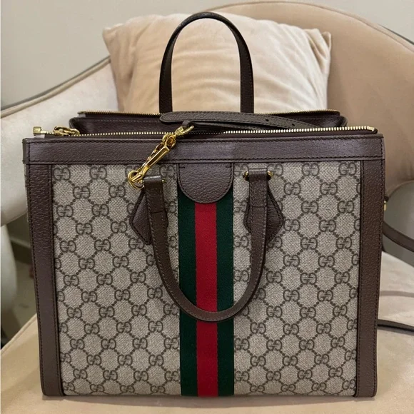 Gucci OPHIDIA LARGE TOTE BAG Brown and Green Women's Bag - Picture 2 of 14